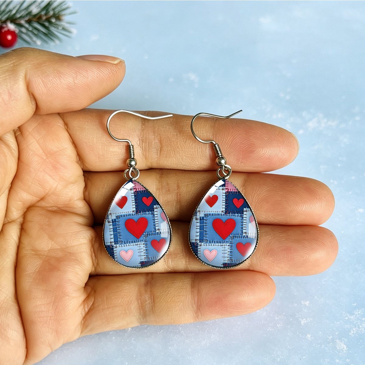 Denim Patchwork Red Heart Pattern Drop Earrings